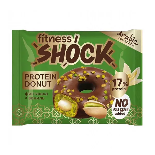 Изображение товара Протеиновое пирожное Fitness Shock Protein донат с фисташкой и ванилью 70 г Изображение товара Протеиновое пирожное Fitness Shock Protein донат с фисташкой и ванилью 70 г