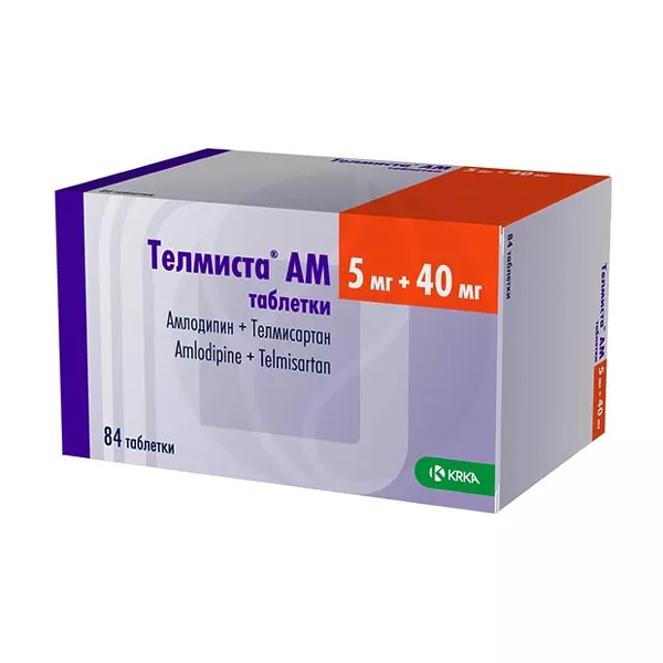 Изображение товара Телмиста АМ таблетки 5мг+40мг, №84 Изображение товара Телмиста АМ таблетки 5мг+40мг, №84