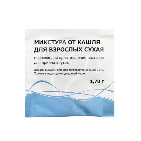 Изображение товара Микстура от кашля сухая для взрослых порошок д/пригот. р-ра д/приема внутрь, 1,7г №1 Изображение товара Микстура от кашля сухая для взрослых порошок д/пригот. р-ра д/приема внутрь, 1,7г №1