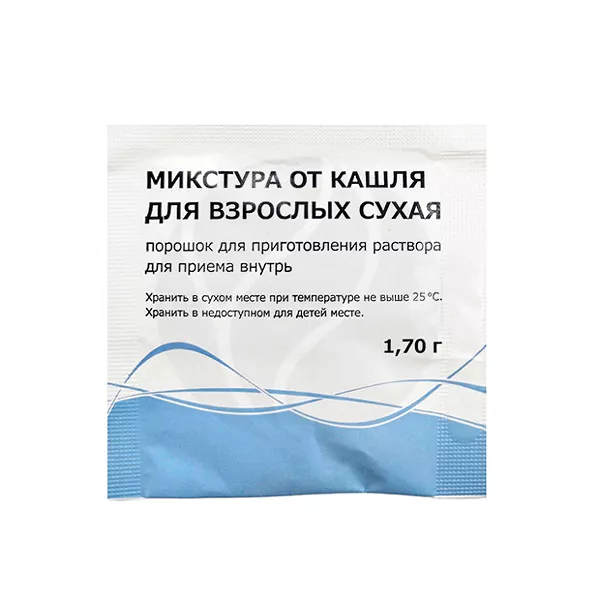 Изображение товара Микстура от кашля сухая для взрослых порошок д/пригот. р-ра д/приема внутрь, 1,7г №1 Изображение товара Микстура от кашля сухая для взрослых порошок д/пригот. р-ра д/приема внутрь, 1,7г №1