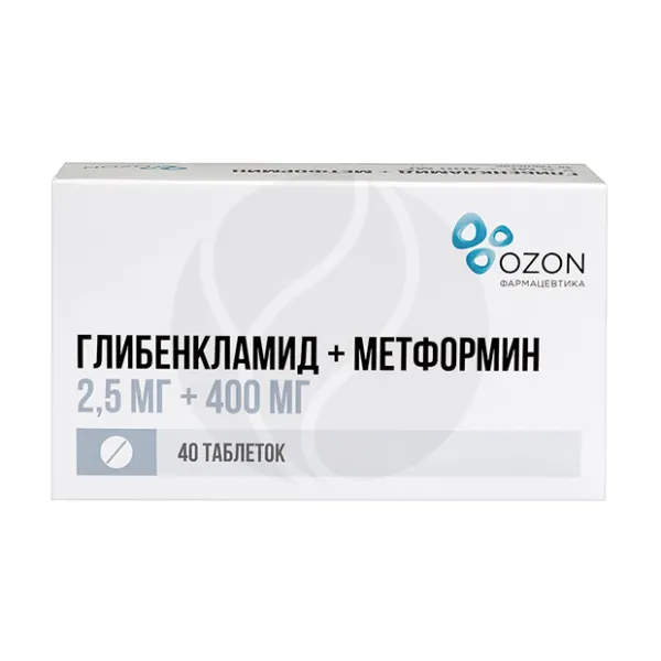 Изображение товара Глибенкламид+Метформин таблетки покрыт. п/о, 2,5мг+400мг, №40 Изображение товара Глибенкламид+Метформин таблетки покрыт. п/о, 2,5мг+400мг, №40