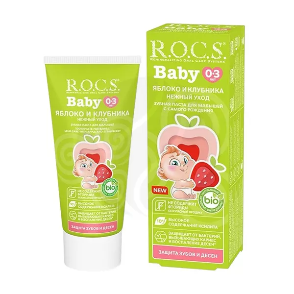 Изображение товара Детская зубная паста R.O.C.S. Baby со вкусом яблоко и клубника 45г Изображение товара Детская зубная паста R.O.C.S. Baby со вкусом яблоко и клубника 45г