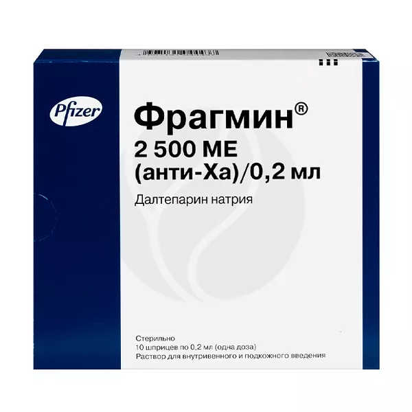 Изображение товара Лекарственный раствор Фрагмин 2500МЕ (анти-Ха)/0,2 мл для в/в и п/к введения Изображение товара Лекарственный раствор Фрагмин 2500МЕ (анти-Ха)/0,2 мл для в/в и п/к введения