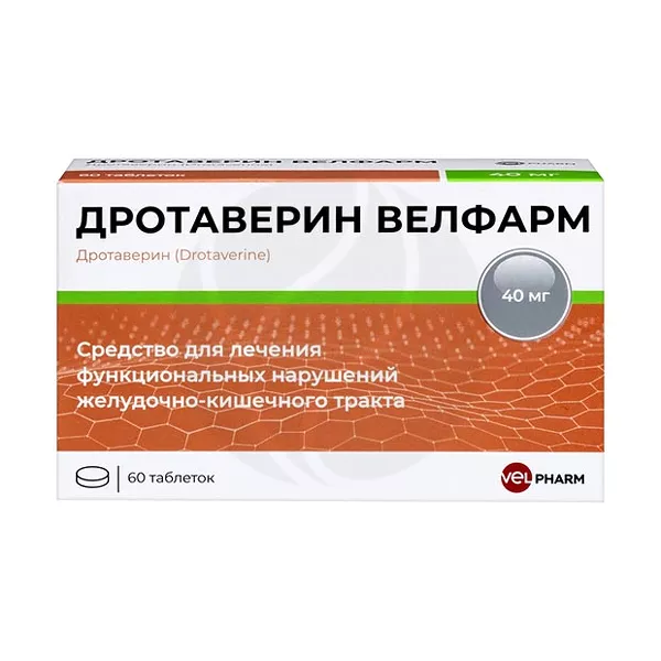 Изображение товара Дротаверин Велфарм таблетки 40мг, 60 штук - спазмолитик для взрослых и детей
