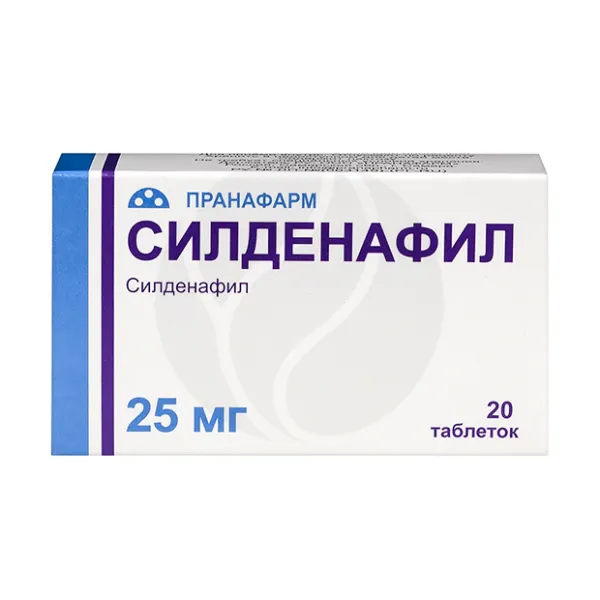 Изображение товара Силденафил таблетки покрыт пленочной оболочкой 25 мг, №20 Изображение товара Силденафил таблетки покрыт пленочной оболочкой 25 мг, №20
