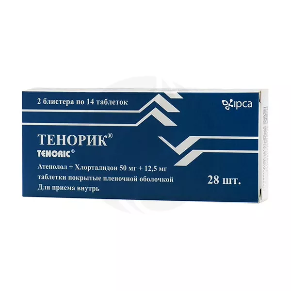 Изображение товара Тенорик таблетки покрытые пленочной оболчкой 50 мг + 12,5 мг, 28 шт Изображение товара Тенорик таблетки покрытые пленочной оболчкой 50 мг + 12,5 мг, 28 шт