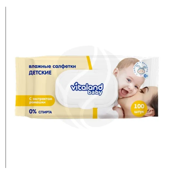 Изображение товара Vitaland baby Влажные салфетки детские с экстрактом ромашки и череды, 100шт Изображение товара Vitaland baby Влажные салфетки детские с экстрактом ромашки и череды, 100шт
