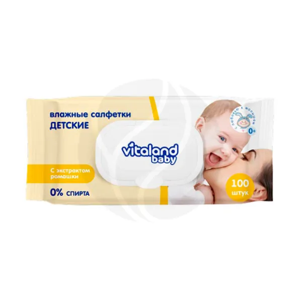 Изображение товара Vitaland baby Влажные салфетки детские с экстрактом ромашки и череды, 100шт Изображение товара Vitaland baby Влажные салфетки детские с экстрактом ромашки и череды, 100шт