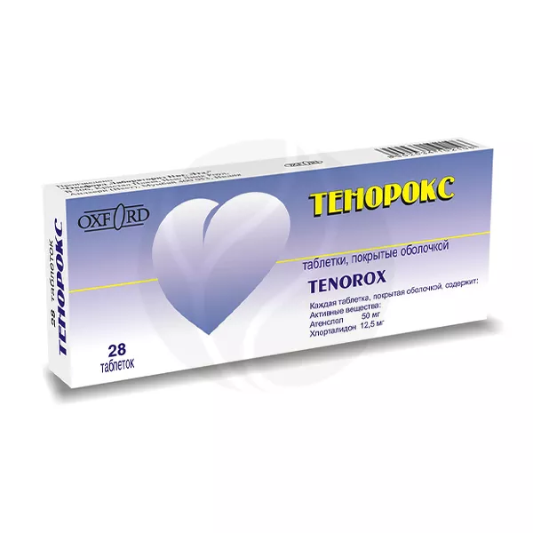 Изображение товара Тенорокс таблетки покрыт. п/о 50мг+12,5мг, №28 Изображение товара Тенорокс таблетки покрыт. п/о 50мг+12,5мг, №28