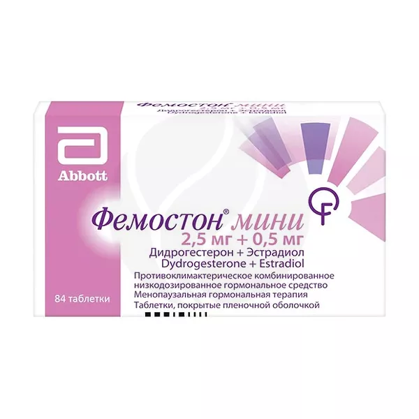Изображение товара Фемостон Мини таблетки покрыт. п/о 2,5мг+0,5мг, №84 Изображение товара Фемостон Мини таблетки покрыт. п/о 2,5мг+0,5мг, №84
