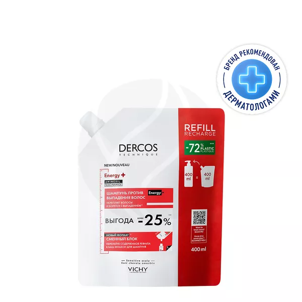 Изображение товара Vichy Dercos Energy+ Aminexil Тонизирующий шампунь против выпадения и истончения волос, сменный блок (рефил), 400мл