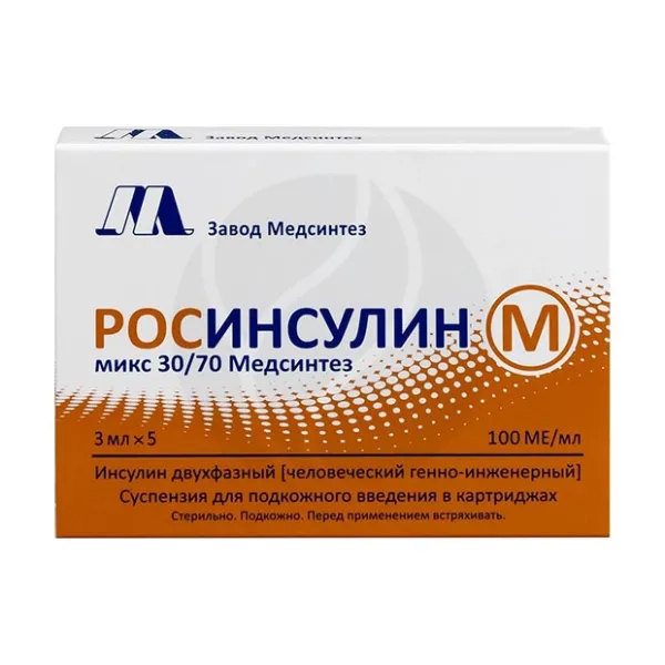 Изображение товара Росинсулин М микс 30/70 Медсинтез суспензия д/п/к введ. 100МЕ/мл, 3мл №5