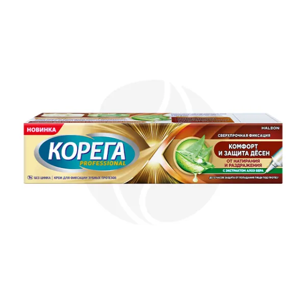 Изображение товара Корега Professional крем для фиксации зубных протезов Комфорт и защита десен с экстрактом алоэ вера, 40г Изображение товара Корега Professional крем для фиксации зубных протезов Комфорт и защита десен с экстрактом алоэ вера, 40г