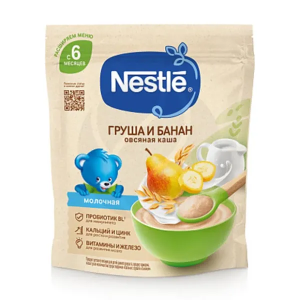 Изображение товара Nestle Молочная овсяная каша (6+мес), груша и банан, 200г Изображение товара Nestle Молочная овсяная каша (6+мес), груша и банан, 200г