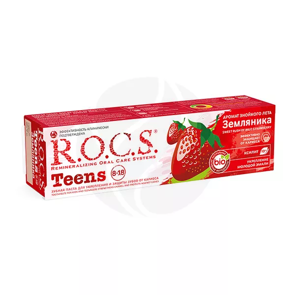 Изображение товара R.O.C.S. Teens зубная паста со вкусом земляники (8-18 лет), 74г Изображение товара R.O.C.S. Teens зубная паста со вкусом земляники (8-18 лет), 74г