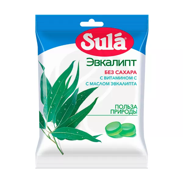 Изображение товара Sula леденцы без сахара Эвкалипт, 60г Изображение товара Sula леденцы без сахара Эвкалипт, 60г