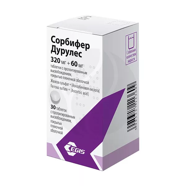Изображение товара Сорбифер Дурулес таблетки с пролонг. высвоб. покрыт. п/о 320мг+60мг, №30 Изображение товара Сорбифер Дурулес таблетки с пролонг. высвоб. покрыт. п/о 320мг+60мг, №30