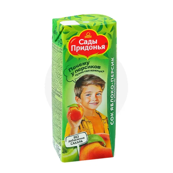 Изображение товара Сок яблоко-персик с мякотью Сады Придонья 200мл для детей и взрослых