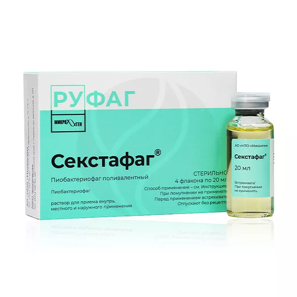 Изображение товара Секстафаг раствор д/приема внутрь, местн. и наружн. прим. 20мл, №4 Изображение товара Секстафаг раствор д/приема внутрь, местн. и наружн. прим. 20мл, №4