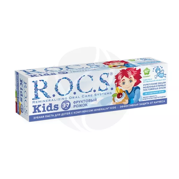 Изображение товара Детская зубная паста R.O.C.S. Kids со вкусом фруктовый рожок 45г для детей 3-7 лет Изображение товара Детская зубная паста R.O.C.S. Kids со вкусом фруктовый рожок 45г для детей 3-7 лет