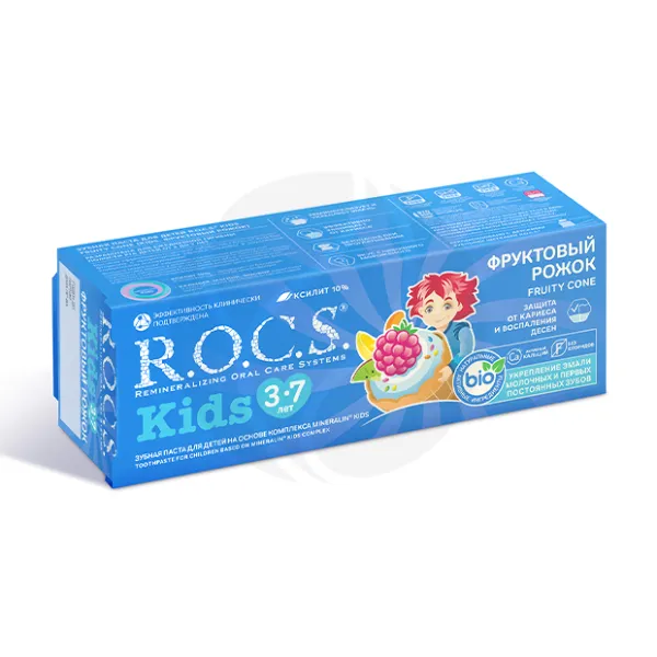 Изображение товара Детская зубная паста R.O.C.S. Kids со вкусом фруктовый рожок 45г для детей 3-7 лет Изображение товара Детская зубная паста R.O.C.S. Kids со вкусом фруктовый рожок 45г для детей 3-7 лет
