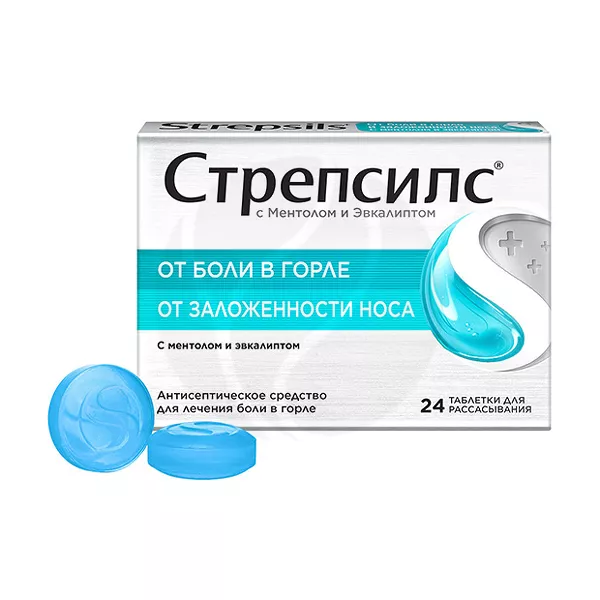 Изображение товара Стрепсилс таблетки для рассасывания со вкусом ментола и эвкалипта, №24 Изображение товара Стрепсилс таблетки для рассасывания со вкусом ментола и эвкалипта, №24
