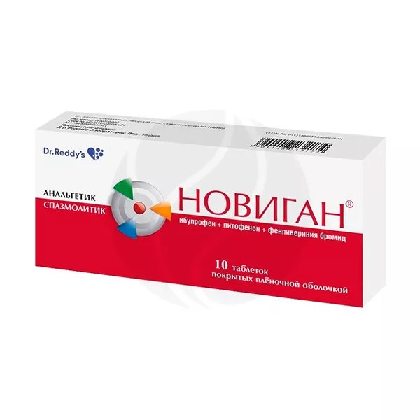 Изображение товара Таблетки Новиган Dr Reddy'S Laboratories Ltd Ибупрофен + Питофенона гидрохлорид + Фенпивериния бром Изображение товара Таблетки Новиган Dr Reddy'S Laboratories Ltd Ибупрофен + Питофенона гидрохлорид + Фенпивериния бром