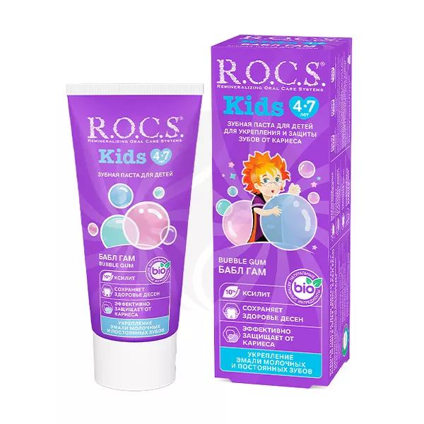 Изображение товара R.O.C.S. Kids Детская зубная паста со вкусом бабл гам (4-7 лет), 45г Изображение товара R.O.C.S. Kids Детская зубная паста со вкусом бабл гам (4-7 лет), 45г