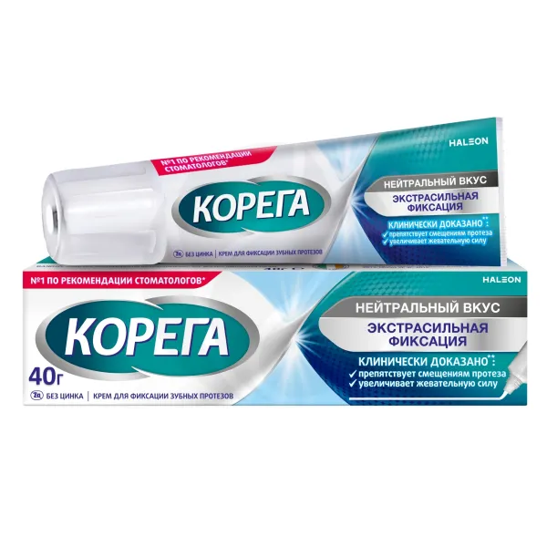 Изображение товара Крем для фиксации зубных протезов Корега Экстрасильная фиксация 40г нейтральный вкус Изображение товара Крем для фиксации зубных протезов Корега Экстрасильная фиксация 40г нейтральный вкус