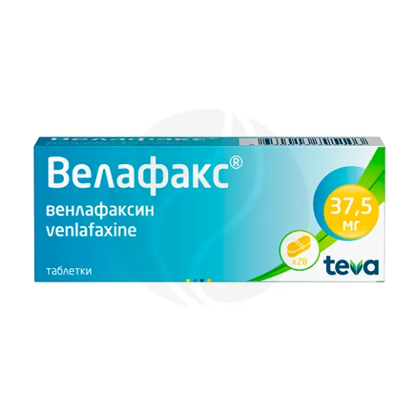 Изображение товара Велафакс таблетки 37,5мг 28 штук для лечения депрессии и тревожности Изображение товара Велафакс таблетки 37,5мг 28 штук для лечения депрессии и тревожности
