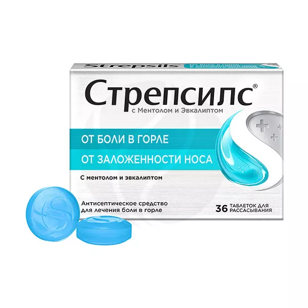 Изображение товара Стрепсилс таблетки для рассасывания ментол+эвкалипт 36 штук Изображение товара Стрепсилс таблетки для рассасывания ментол+эвкалипт 36 штук