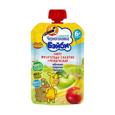 Черноголовка Бэйби пюре фруктовый салатик+мультизлак (6+мес), 85г