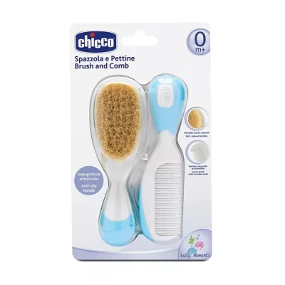 Chicco набор расческа+щётка с натур.щетинками (0+мес) цвет голубой