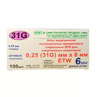 Изображение товара Игла медицинская для инсулиновых инжекторов (ПЕН ручек) 31G(0.25 х 6мм), №100