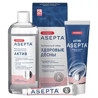Изображение товара Asepta Пародонт Здоровые десны набор (бальзам для десен адгезивный+ополаскиватель для полости рта+зубная паста), 10г+250мл+75мл