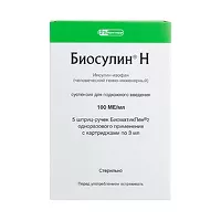 Изображение товара Биосулин Н суспензия д/п/к введ. 100МЕ/мл, картриджи+шприц-ручка 3мл №5