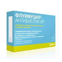 Изображение товара Флуимуцил-антибиотик ИТ лиофилизат д/пригот. р-ра д/ин. и д/ингал. 500мг, №3+растворитель