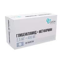 Изображение товара Глибенкламид+Метформин таблетки покрыт. п/о 2,5мг+400мг, №40 Озон